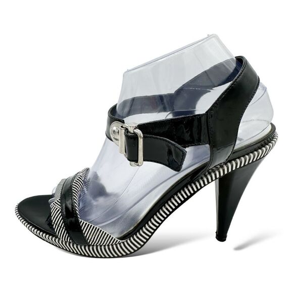 Gianfranco Ferre Black/White Striped Patent‎ Leather Heeled Sandals Sz 40 - Picture 1 of 16